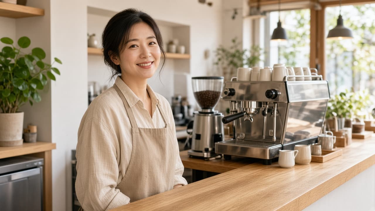 커피머신 옆에서 미소 짓는 카페 점주