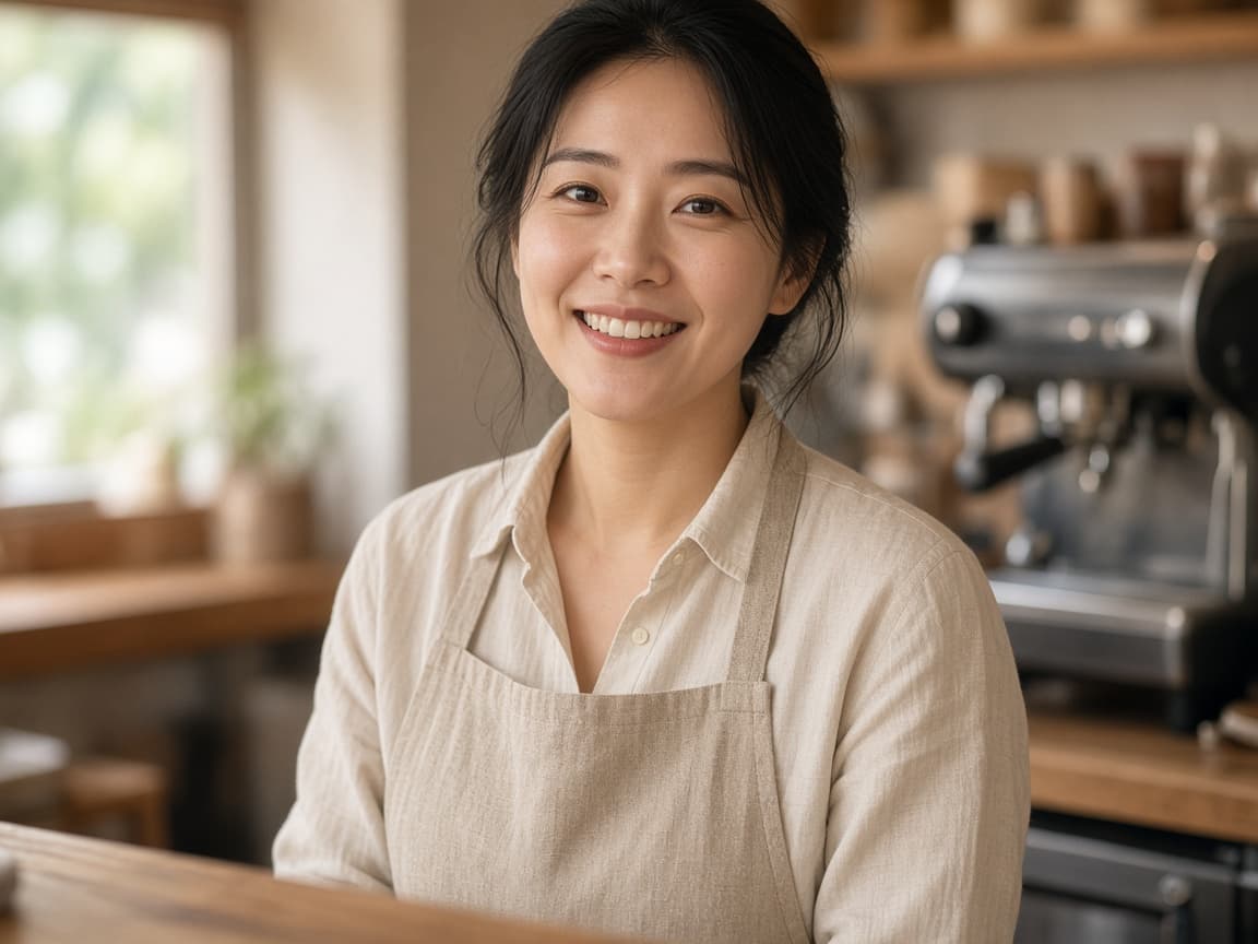 커피머신 옆에서 미소 짓는 카페 점주