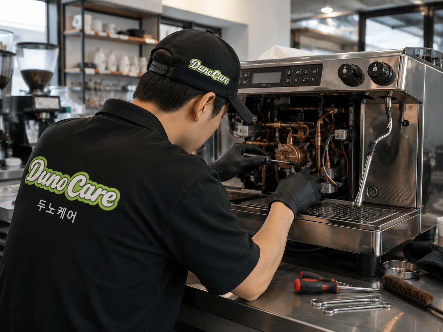 커피머신을 점검하는 작업자