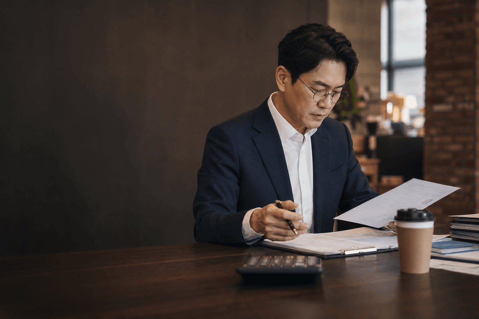 카페에서 서류를 살펴보는 사람